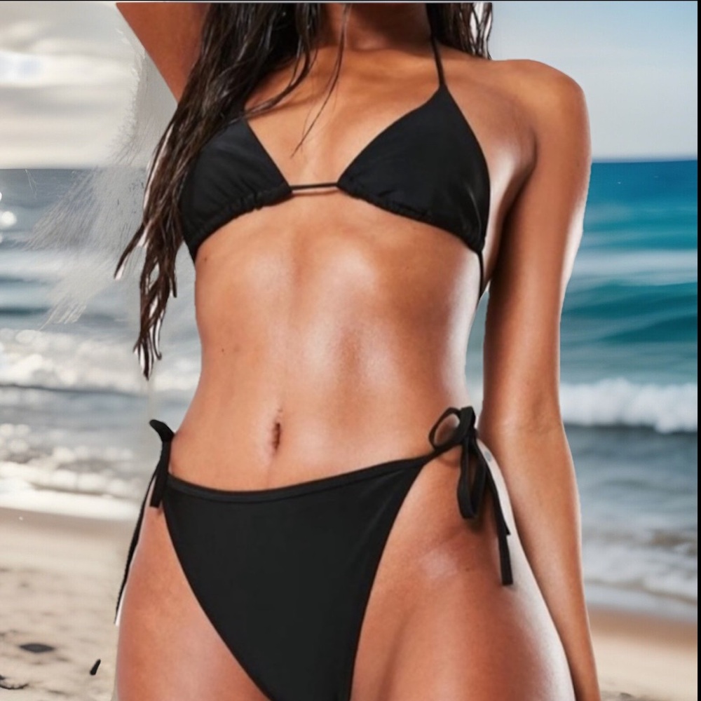 Black Triangle Bikini Top & Bottoms Tie On Sides 2Pc Swimsuit Limited Edition